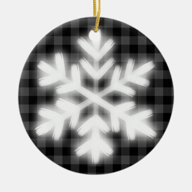 Rustic grey black plaid pattern frosty snow flake  ceramic tree decoration (Front)