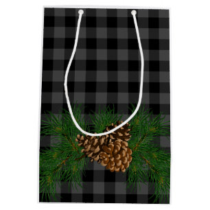 Rustic grey black Plaid Pine-cone detail Medium Gift Bag