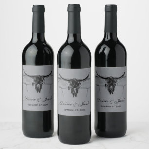 Rustic Grey Black Western Cow Skull Wedding Wine Label