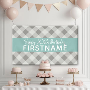 Rustic Grey & Blue Buffalo Plaid Birthday Party Banner