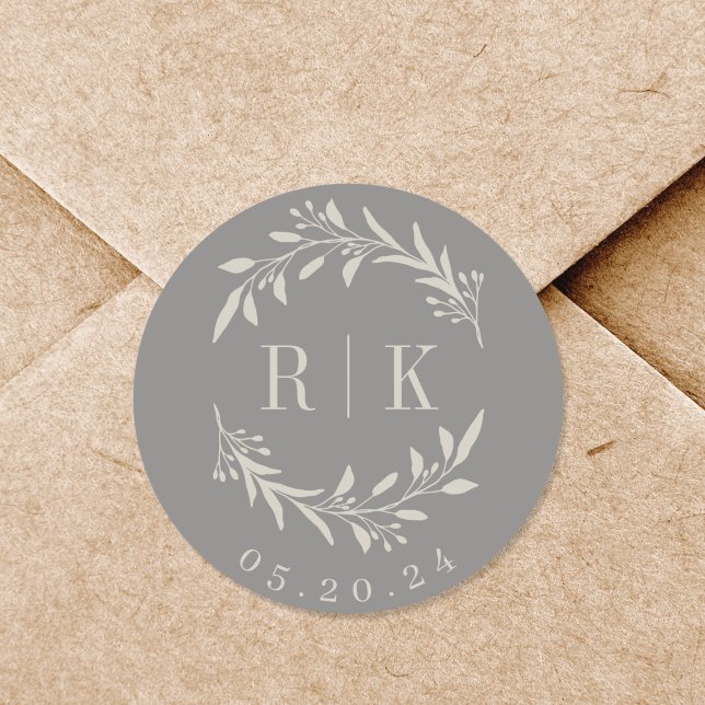 Rustic Grey Botanical Wreath Wedding Monogram Classic Round Sticker (Creator Uploaded)