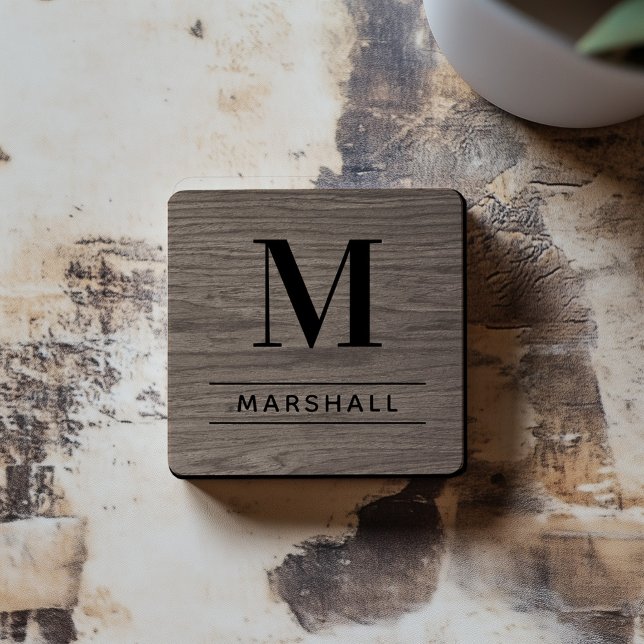 Rustic Grey Brown Wood Custom Monogram Initial Coaster (Creator Uploaded)