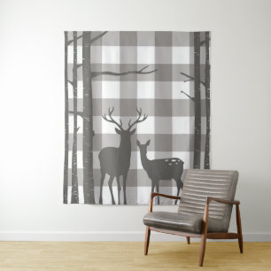 Rustic Grey Buffalo Plaid Checkers Deer & Birch Tapestry