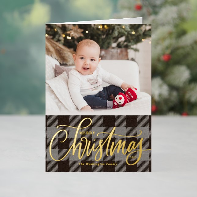 Rustic Grey Buffalo Plaid Merry Christmas Photo Foil Holiday Card (Holiday In Situ)