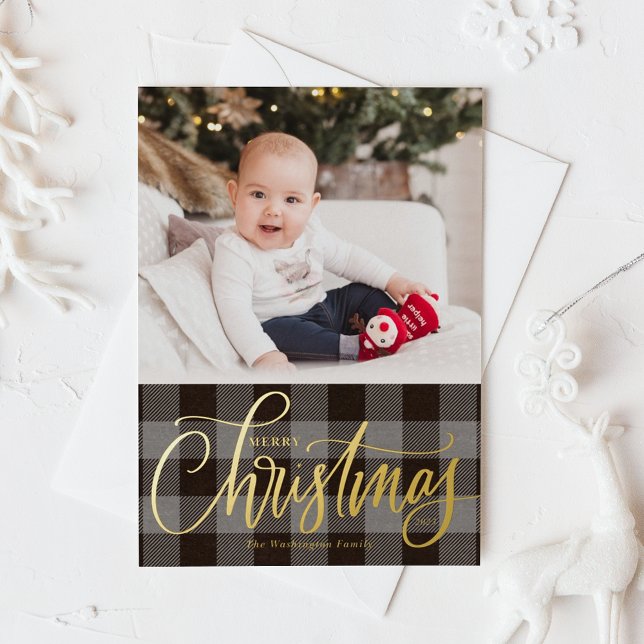 Rustic Grey Buffalo Plaid Merry Christmas Photo Foil Holiday Card (Rustic Gray Buffalo Plaid Pattern Merry Christmas Photo Foil Holiday Card)