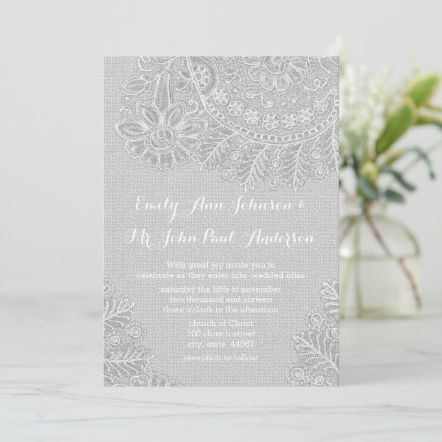 Rustic Grey Burlap Lace Wedding Invitations (Standing Front)