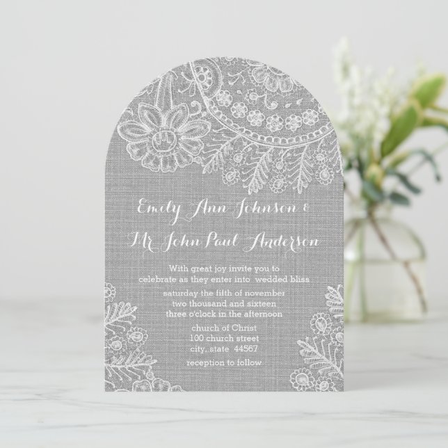 Rustic Grey Burlap Lace Wedding Invitations (Standing Front)