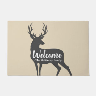 Rustic Grey Deer Silhouette & Family Name Welcome Doormat