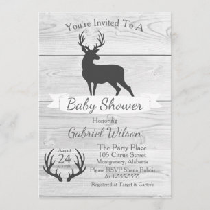 Rustic Grey Deer Silhouette & White Wood Invitation