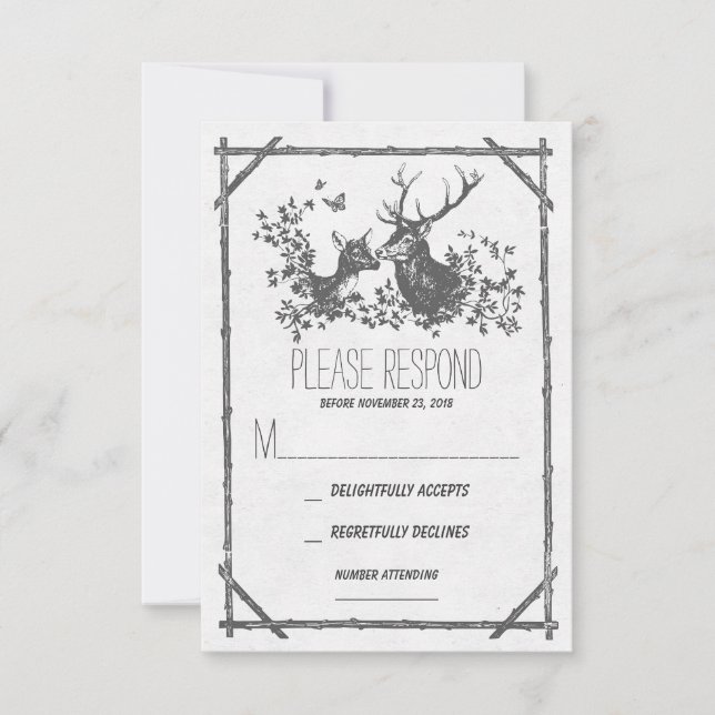 Rustic grey deer wedding RSVP cards (Front)