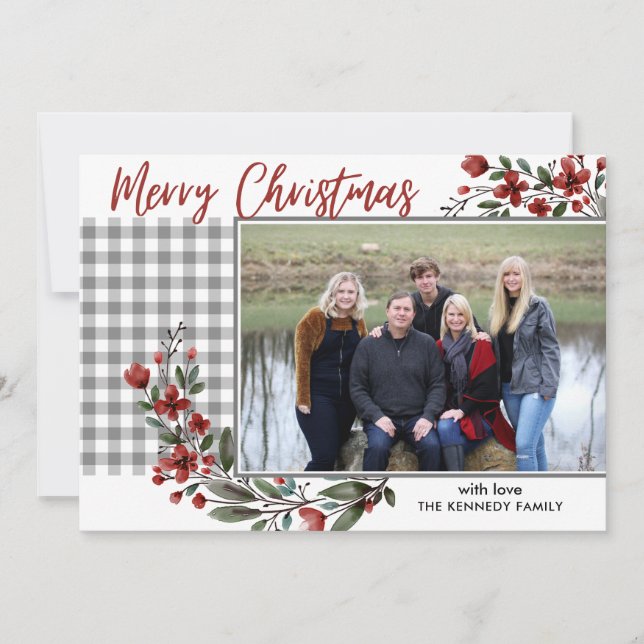Rustic Grey Gingham Plaid Merry Christmas Photo  Holiday Card (Front)