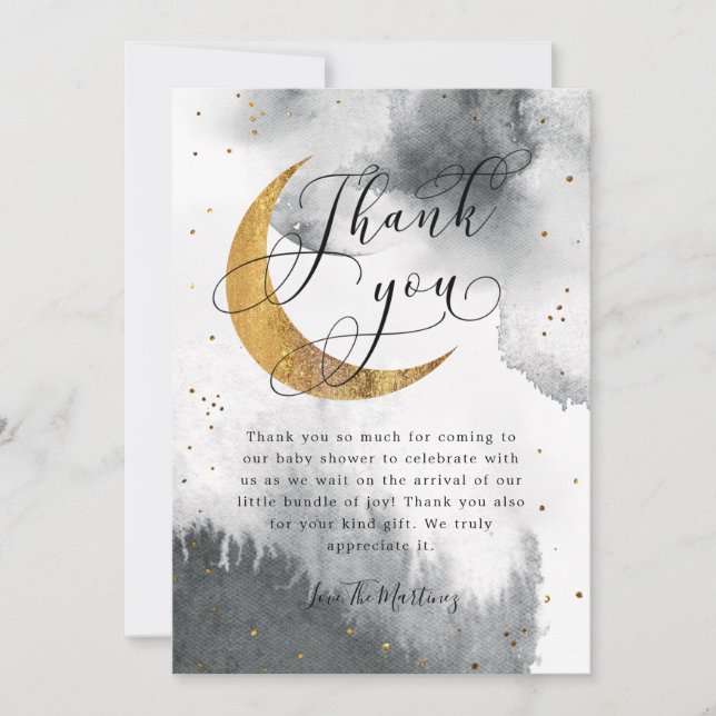 Rustic Grey Gold Moon Stars Baby Shower Thank You Card (Front)