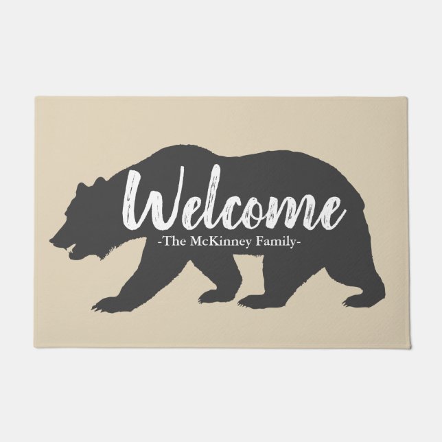 Rustic Grey Grizzly Bear & Family Name Welcome Doormat (Front)