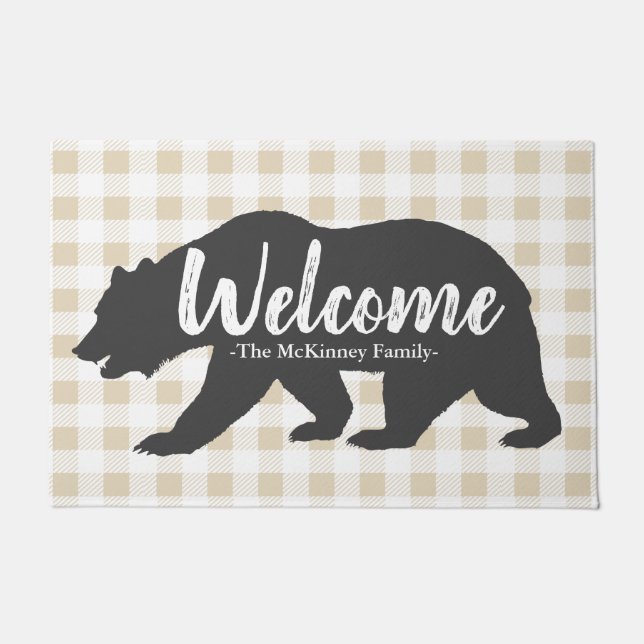 Rustic Grey Grizzly Bear & Plaid Family Name Doormat (Front)