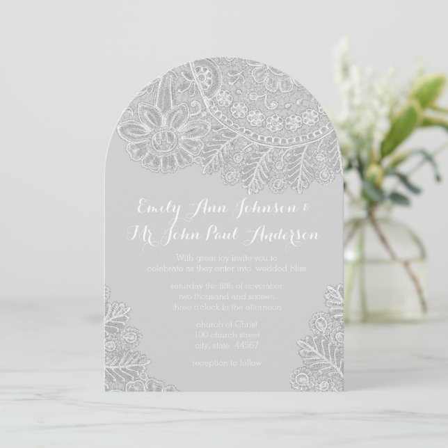 Rustic Grey Heirloom Lace Wedding Invitation (Standing Front)