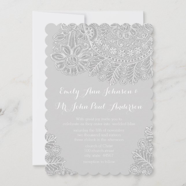 Rustic Grey Heirloom Lace Wedding Invitations (Front)