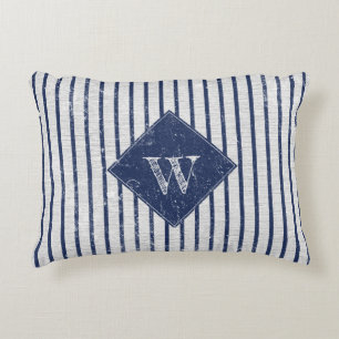 Rustic Grey Linen & Navy Blue Stripes Monogram  Decorative Cushion