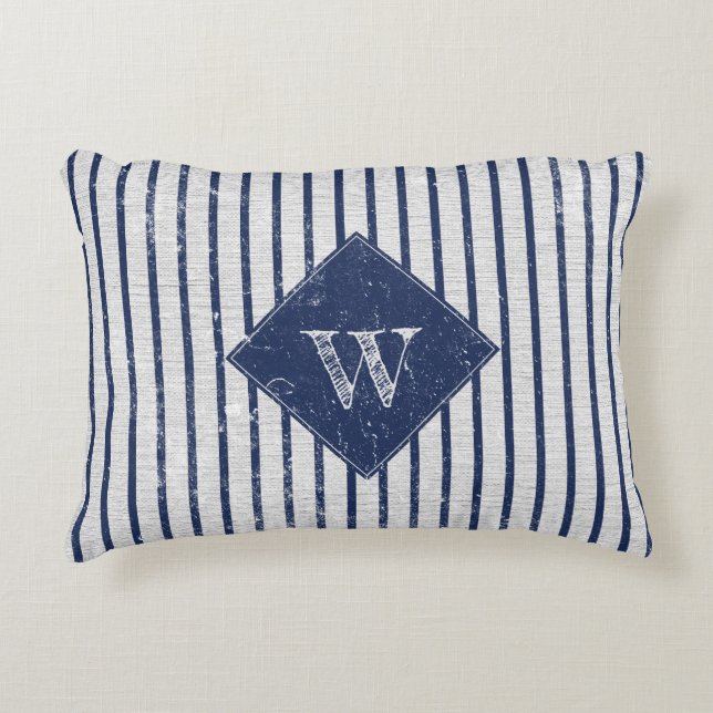 Rustic Grey Linen & Navy Blue Stripes Monogram  Decorative Cushion (Front)