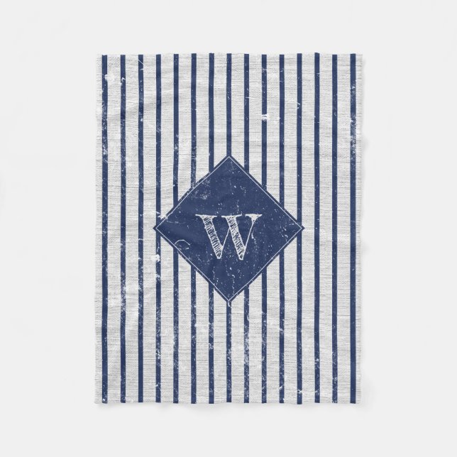Rustic Grey Linen & Navy Blue Stripes Monogram  Fleece Blanket (Front)