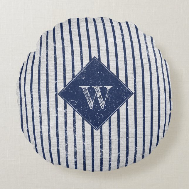 Rustic Grey Linen & Navy Blue Stripes Monogram Round Cushion (Front)