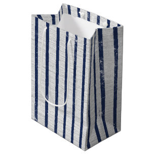 Rustic Grey Linen & Navy Blue Stripes Pattern Medium Gift Bag