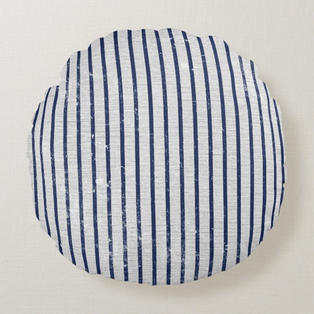 Rustic Grey Linen & Navy Blue Stripes Pattern  Round Cushion (Front)