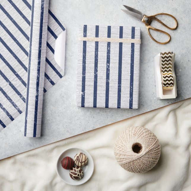 Rustic Grey Linen & Navy Blue Stripes Pattern  Wrapping Paper (Crafts)