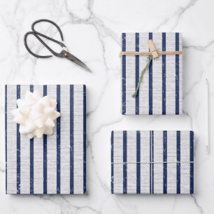 Rustic Grey Linen & Navy Blue Stripes Pattern Wrapping Paper Sheet