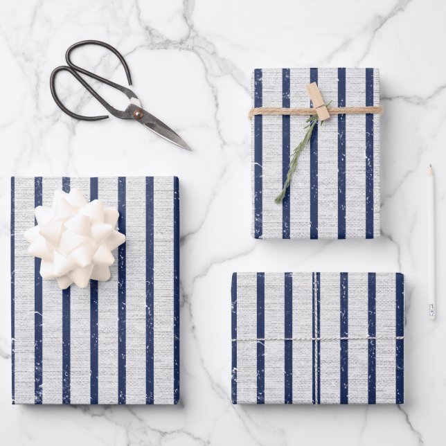 Rustic Grey Linen & Navy Blue Stripes Pattern Wrapping Paper Sheet (Front)
