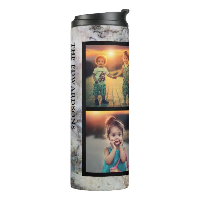 Rustic grey marble family photo collage monogram thermal tumbler (Rotated Left)