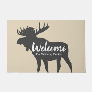 Rustic Grey Moose Silhouette & Family Name Welcome Doormat