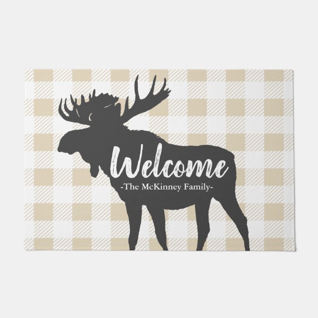 Rustic Grey Moose Silhouette & Family Name Welcome Doormat (Front)