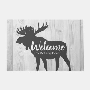 Rustic Grey Moose Silhouette & White Grey Wood Doormat