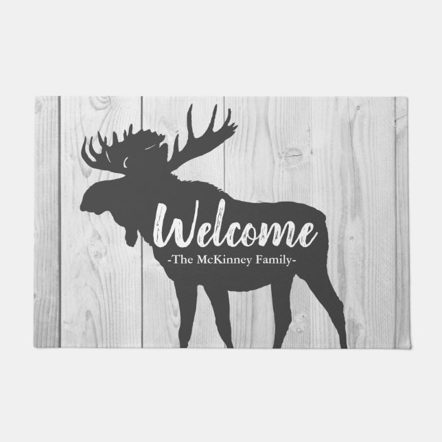 Rustic Grey Moose Silhouette & White Grey Wood Doormat (Front)