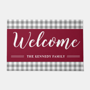 Rustic Grey Plaid Family Name Burgundy Welcome Doormat