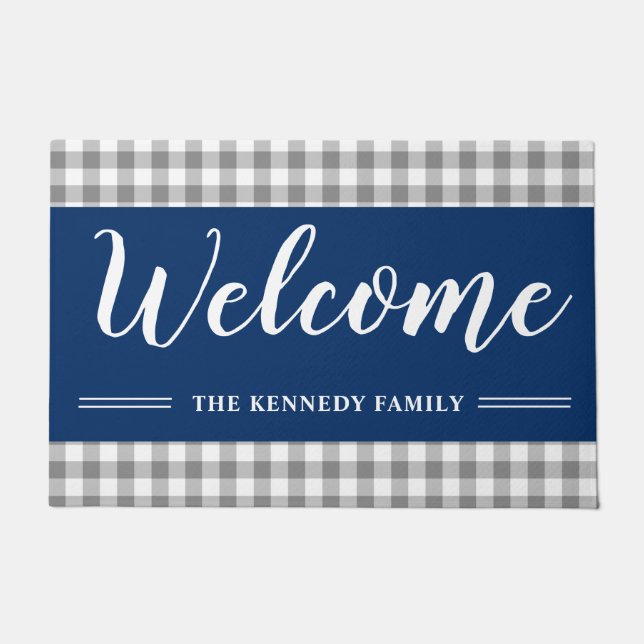 Rustic Grey Plaid Family Name Navy Blue Welcome    Doormat (Front)