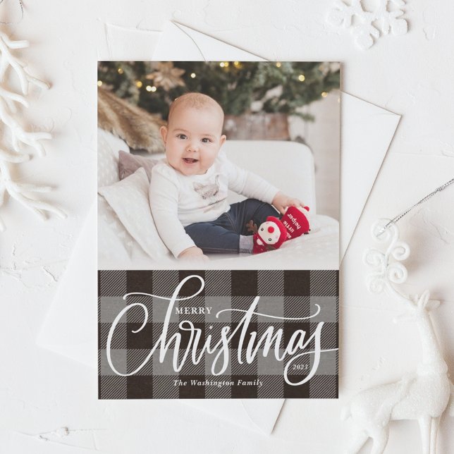 Rustic Grey Plaid Merry Christmas Photo Holiday Card (Creator Uploaded)