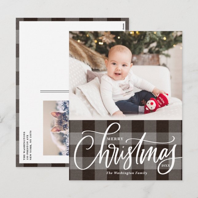 Rustic Grey Plaid Merry Christmas Photo Holiday Postcard (Front/Back)