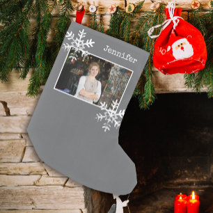 Rustic Grey Snowflake Custom Photo Small Christmas Stocking