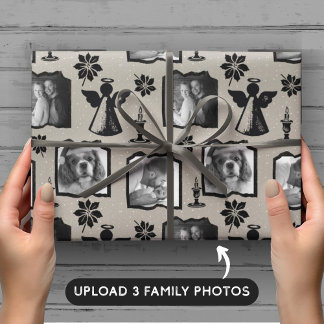 Rustic Grey Stamped Angel 3 Family Photo Wrapping Paper