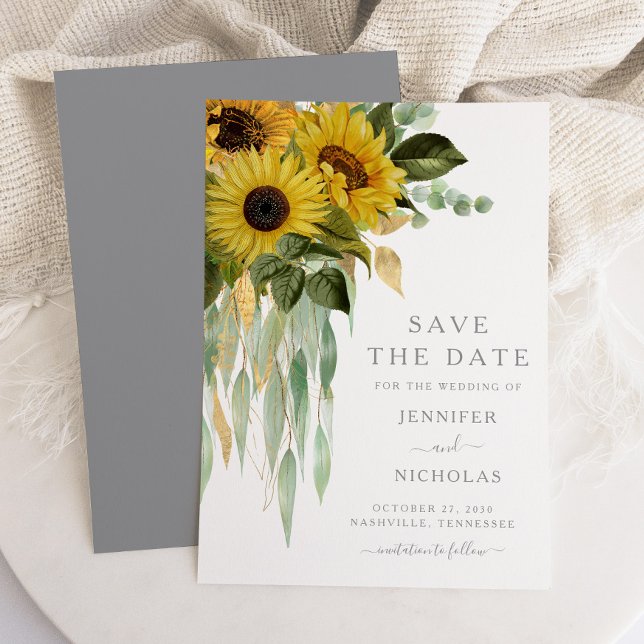 Rustic Grey Sunflowers Floral Save The Date (Elegant Greenery Sunflower Wedding Save The Date)