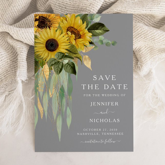 Rustic Grey Sunflowers Floral Save the  Date (Elegant Gray Sunflower Wedding Save The Date)