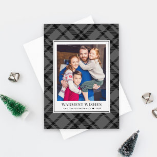 Rustic Grey Tartan Plaid Warmest Wishes Photo Holiday Card