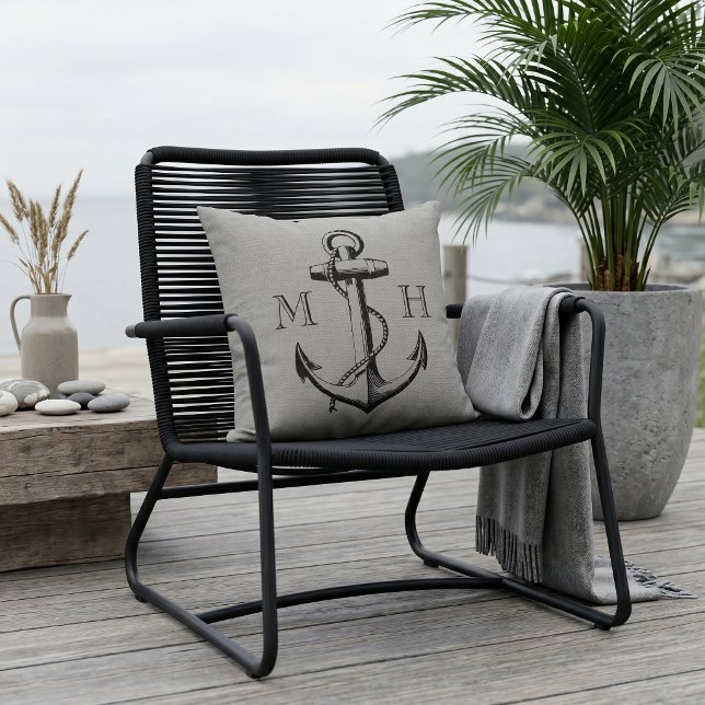 Rustic Grey Vintage Anchor Wedding Monogram Cushion (Creator Uploaded)