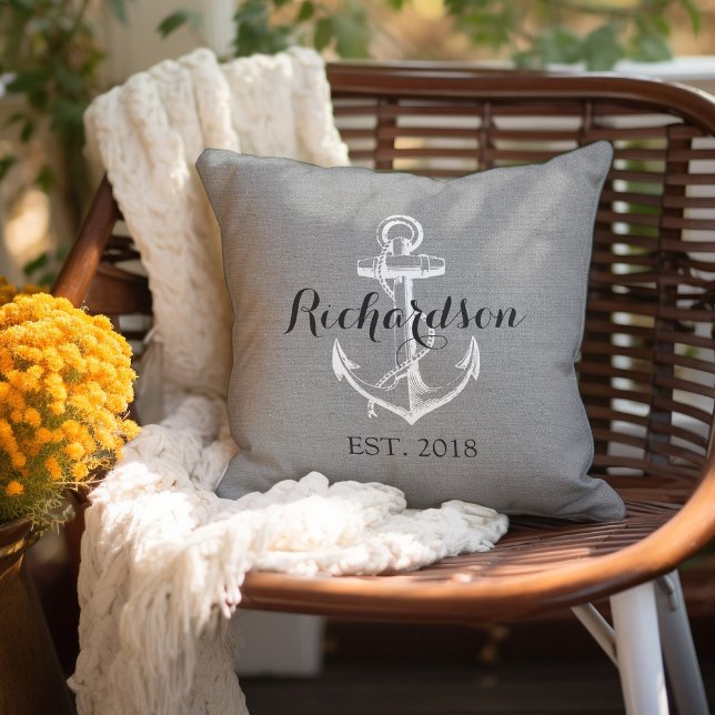 Rustic Grey Vintage Anchor Wedding Monogram Cushion (Creator Uploaded)