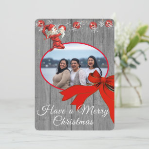 Rustic Grey Vintage Red Elf Photo Merry Christmas Holiday Card