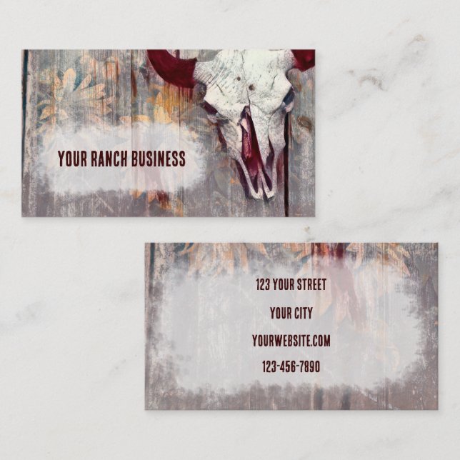 Rustic Grey Western Bull Skull Yellow Sunflowers Business Card (Front/Back)