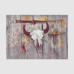 Rustic Grey Western Bull Skull Yellow Sunflowers Tissue Paper