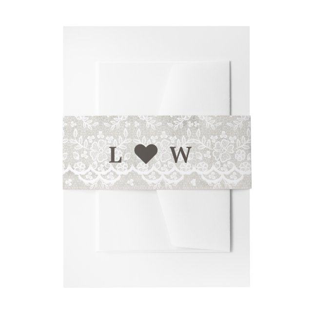 Rustic Grey & White Lace Belly Band with Initials Invitation Belly Band (Front Example)