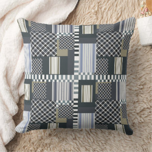 Rustic Grey White Plaid Patchwork Pattern Cushion
